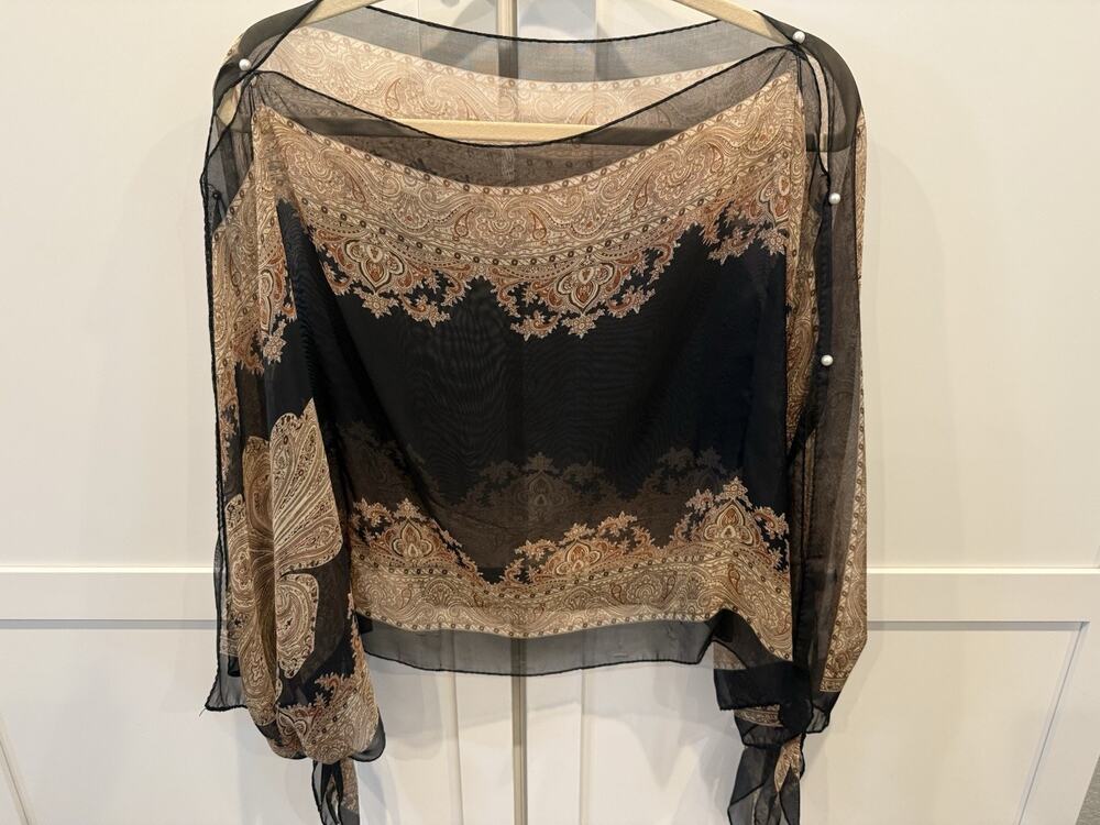 Wayan Paisley Floral Top Sheer Tunic Open Side /Sleeve Black Brown OS Resort